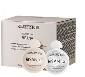 Двукомпонентна терапия маска за увредена коса със  слуз от охлюв, еластин и колаген - Selective Professional Risana 12+12 бр X15 мл